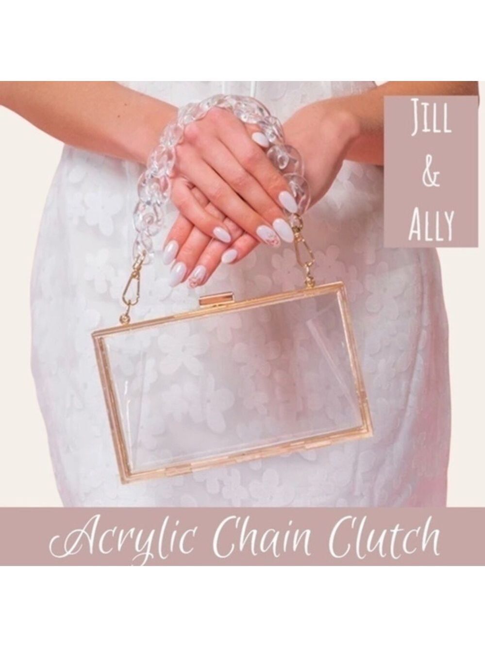 JILL & ALLY Transparent/Clear Gold-Trim ACRYLIC Chain Handled Box Clutch NWT